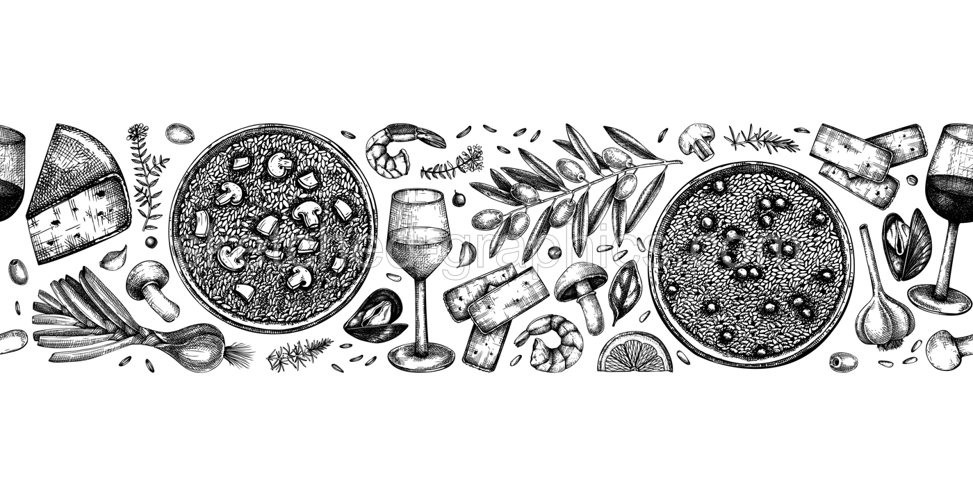 Risotto cooking ingredients sketched banner. Wine drawings in vintage style. Hand drawn food and drinks vector illustrations. Classical Italian cuisine seamless ribbon for restaurant menu design. Illustration
